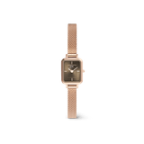 Daniel Wellington Quadro Mini Melrose Sunray Greigeの正面画像。ローズゴールドのスクエアケースにグレージュのサンレイ文字盤、細身のローズゴールドメッシュストラップを合わせたコンパクトな女性向け腕時計です。