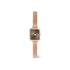 Daniel Wellington Quadro Mini Melrose Sunray Greigeの正面画像。ローズゴールドのスクエアケースにグレージュのサンレイ文字盤、細身のローズゴールドメッシュストラップを合わせたコンパクトな女性向け腕時計です。
