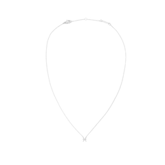 白背景で撮影したいて座モチーフのCrystal Zodiac Chain Necklace Silverの全体像です。繊細なシルバーチェーンが優雅な曲線を描き、先端にはクリスタルで表現されたいて座のペンダントトップがあしらわれています。上部にはロブスタークラスプとブランドロゴ入りのアジャスタープレートが付いています。