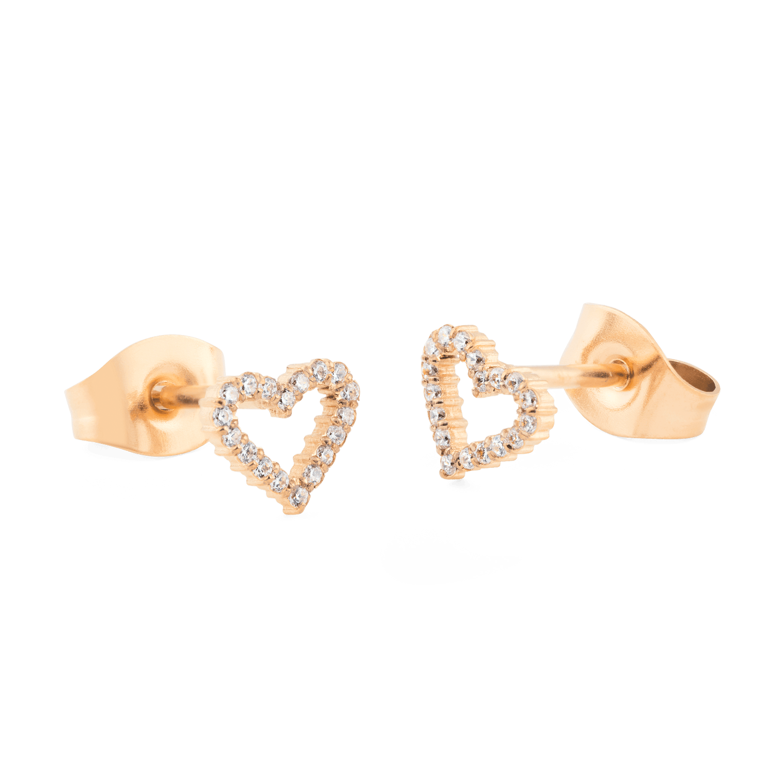 白背景に撮影したMirelle Heart Earringsのクローズアップ画像です。オープンハートの輪郭に沿って輝くキュービックジルコニアと、ローズゴールドのバタフライバックの質感が美しく捉えられています。