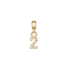 「Crystal Number Charm Gold」の「2」モチーフです。優雅なカーブから水平のベースラインへと流れるフォルムに、キュービックジルコニアが丁寧にセットされたゴールドカラーのナンバーチャームです。