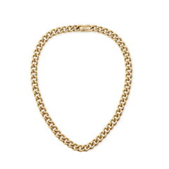 Daniel WellingtonのChunky Chain Necklace ゴールドカラー全体像。ポリッシュ仕上げの太めのカーブチェーンが連なり、留め具部分にはブランドロゴが刻印されています。