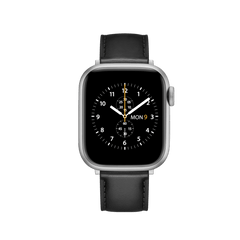 Apple Watchにブラックレザーストラップを装着した正面からの製品写真です。シルバーケースとブラックの文字盤にクロノグラフ風のフェイスを表示し、上質な本革の質感が際立つミニマルな佇まいを演出しています。