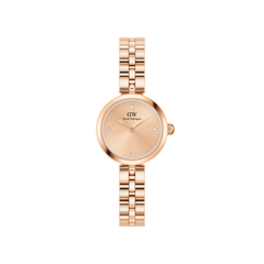 Daniel WellingtonのElan Lumine Unitone Rose Goldです。ローズゴールドで統一されたサンレイダイヤルに4つのクリスタルインデックスが輝き、3リンクのブレスレットが上品にまとまった22mmの女性向け腕時計です。