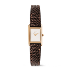 Daniel Wellington Bound Miniの正面画像。ローズゴールドの長方形ケースにホワイト文字盤、ダークブラウンのリザード型押しレザーストラップを合わせた、ミニサイズの女性向け腕時計です。