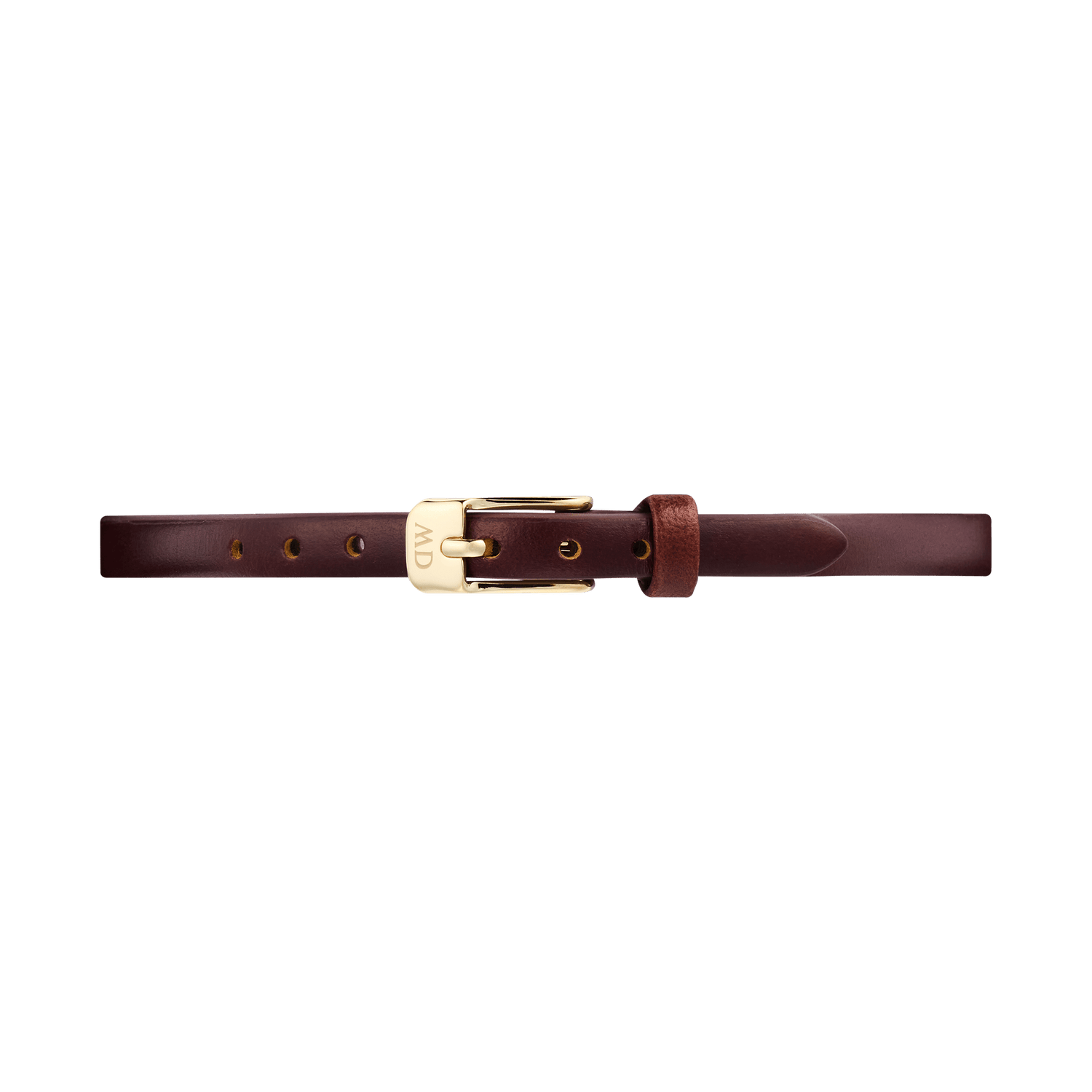 ダニエルウェリントン Pressed St Mawesストラップのゴールドピンバックル部分をクローズアップ。ブラウンのイタリアンレザーに刻印が施されたゴールドバックルが映える、6mm幅の細身デザインです。