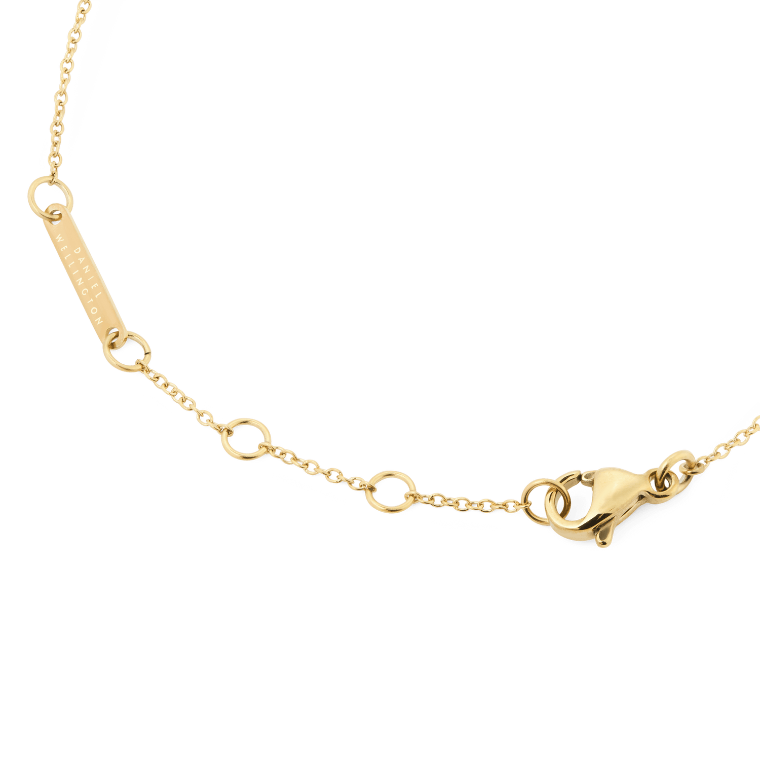 Mirelle Heart Bracelet Goldの留め具部分には、ゴールドのロブスタークラスプとアジャスターチェーンが採用されています。また、Daniel Wellingtonのロゴが刻印されたブランドプレートも付いています。