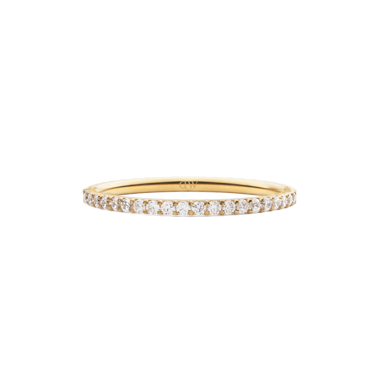 Mirelle Eternity Ring Gold 1.4 mmを正面から撮影した画像です。1.4 mmの極細ゴールドバンドに沿って、ホワイトキュービックジルコニアが爪留めされ、繊細な輝きが連続しています。
