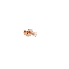 ダニエルウェリントン Crystal Stud ローズゴールドピアスを斜めから捉えた製品写真です。バタフライキャッチの背面構造やキュービックジルコニアのセッティングが確認でき、コンパクトなサイズ感が伝わる一枚となっています。