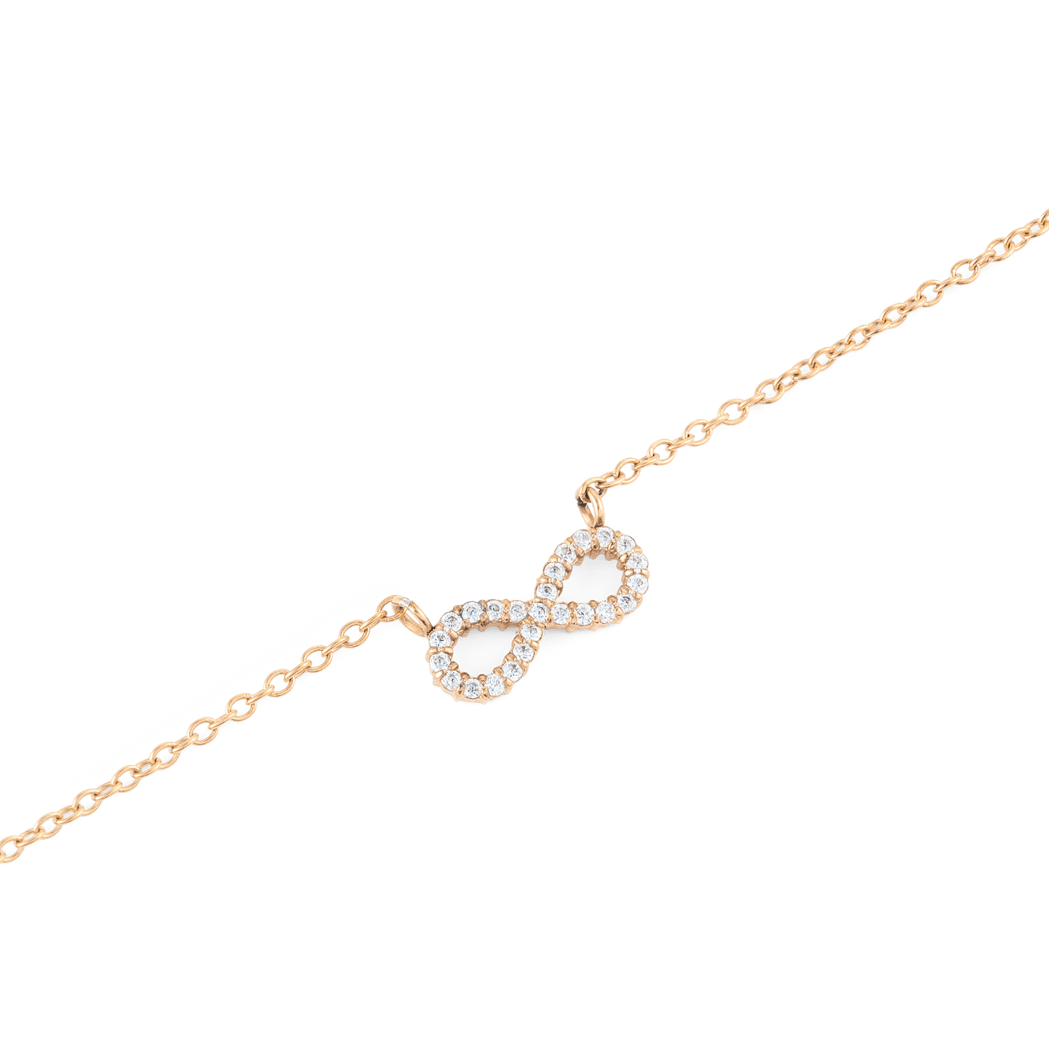 Mirelle Infinity Necklaceのインフィニティモチーフをクローズアップした写真です。ローズゴールドの細いチェーンにつながるモチーフ部分には、ホワイトキュービックジルコニアが曲線に沿って一粒ずつセットされ、繊細な輝きを放っています。