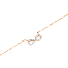 Mirelle Infinity Necklaceのインフィニティモチーフをクローズアップした写真です。ローズゴールドの細いチェーンにつながるモチーフ部分には、ホワイトキュービックジルコニアが曲線に沿って一粒ずつセットされ、繊細な輝きを放っています。