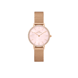 ダニエルウェリントン Petite Lumine Bezel Melrose Pink MOPの正面画像です。ピンクマザーオブパールの文字盤にクリスタルをあしらったベゼル、28mmのローズゴールドケースとメッシュストラップの組み合わせをご覧いただけます。