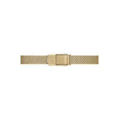Quadro Mini Evergold Amberのゴールドメッシュストラップを拡大した画像です。ブランドロゴが刻印されたクラスプと、細やかに編み込まれたゴールドメッシュの質感がご覧いただけます。