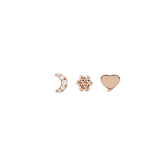 Daniel WellingtonのCrystal Moon、Flower、Heartローズゴールド スタッドピアス3点セットです。三日月を象ったクリスタルデザイン、花びらのように並んだ丸粒が特徴のフラワーモチーフ、フラットなポリッシュ仕上げのハートモチーフが揃っています。