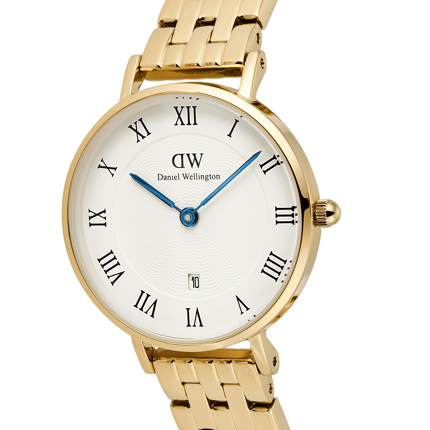 Petite Roman Numerals Date 5-link Goldのダイヤルを正面からクローズアップした画像です。ホワイトダイヤル中央に広がるギョーシェ模様の繊細な質感や、ブルーの時分針、ゴールドケースのポリッシュ仕上げ、リューズの細部まで確認できます。
