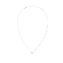 クリスタルZodiac Chain Necklaceのふたご座モデル全体像です。白い背景に映えるローズゴールドの細いチェーンが優雅なループを描き、中央下部にはクリスタルをあしらったふたご座のペンダントトップが配置されています。上部にはロブスタークラスプとアジャスターチェーンが付いています。