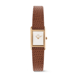 Daniel Wellington Bound Miniの正面からのプロダクトショット。ローズゴールドの長方形ケースに、インデックスのない白い文字盤と、リザード型押しのライトブラウンレザーストラップを組み合わせた、ミニサイズの女性向け腕時計です。