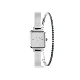 Daniel WellingtonのQuadro Mini Reflection シルバーメッシュストラップ腕時計と、クリスタルが一列に連なるClassic Tennis Braceletのシルバーセットです。スクエアケースのミニマルなダイヤルと、クリスタルの煌めきが対照的な輝きを放ちます。