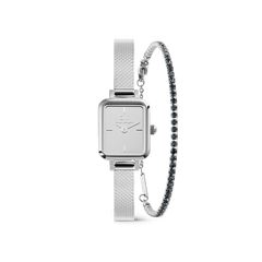 Daniel WellingtonのQuadro Mini Reflection シルバーメッシュストラップ腕時計と、クリスタルが一列に連なるClassic Tennis Braceletのシルバーセットです。スクエアケースのミニマルなダイヤルと、クリスタルの煌めきが対照的な輝きを放ちます。