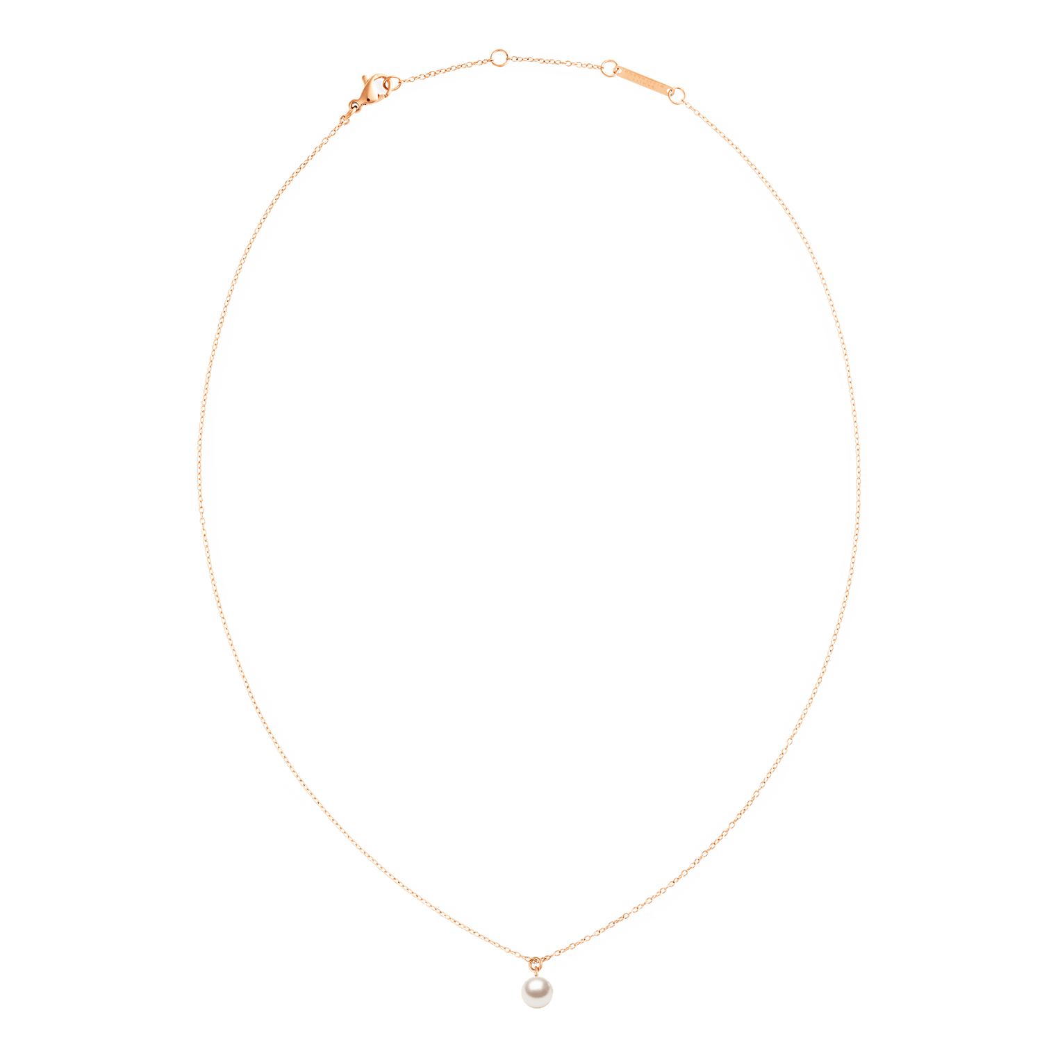 Daniel Wellington Pearl Necklace Rose Goldの全体像です。白い背景に、ローズゴールドの極細チェーンと一粒パールのペンダントトップ、ロブスタークラスプやアジャスターチェーンが映えています。