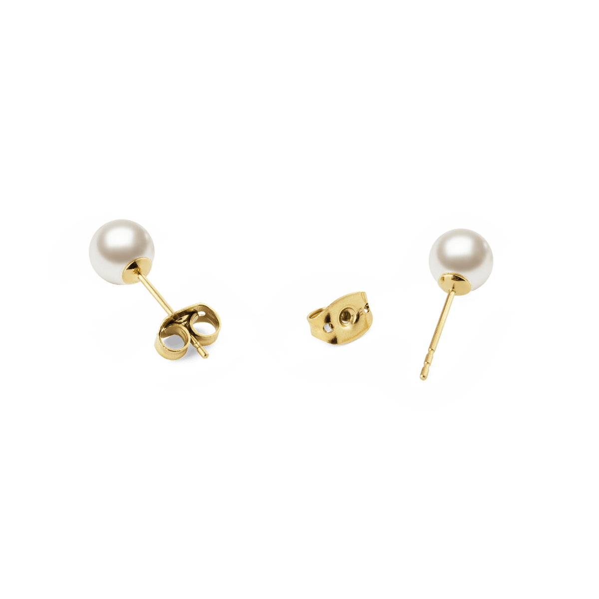 ダニエルウェリントン Pearl Stud Earrings Goldの各パーツを分解して並べた構造写真です。ゴールドのポストとバタフライバック留め具、ホワイトパールの構成がご確認いただけます。