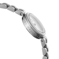 Elan Lumine Silverのサイドビューです。ケース側面にはDaniel Wellingtonのブランドロゴが刻印され、丸みを帯びた3リンクブレスレットがケースに滑らかにつながる薄型プロファイルが特徴です。