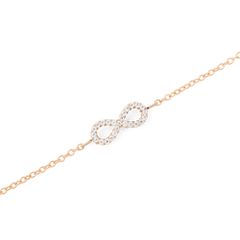 ミレル インフィニティ ブレスレットのインフィニティモチーフ部分をクローズアップした画像です。ホワイトキュービックジルコニアが輪郭に沿って丁寧にセッティングされており、ローズゴールドの細やかなチェーンのディテールもご確認いただけます。