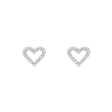 ダニエルウェリントンのMirelle Heart Earringsのペア正面画像です。ホワイトキュービックジルコニアが爪留めされたオープンハートモチーフのシルバーカラースタッドピアスで、白背景に左右対称に並べられています。