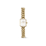 Daniel WellingtonのJolie Chain Gold。ゴールドのチャンキーチェーンブレスレットと小ぶりなスクエアケースを組み合わせた、ジュエリーのような上品な佇まいの腕時計です。ホワイトダイヤルにゴールドの針とミニマルなインデックスが映え、洗練された印象に仕上げています。