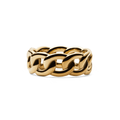 Daniel Wellington Chunky Chain Ring Goldの正面からのプロダクトショット。連なるチェーンリンクの立体感と、ポリッシュ加工による輝きが際立つゴールドデザインです。