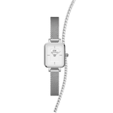 Daniel Wellington Quadro Miniのシルバーメッシュベルト腕時計と、クリスタルが一列に連なるTennis Braceletのセットです。ホワイトダイヤルのスクエアケースと繊細なクリスタルの輝きが、シルバートーンで統一されています。