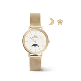 Daniel Wellington Moon and Stars Set Goldのセット内容です。ホワイト文字盤にムーンフェイズ表示を搭載したゴールドメッシュストラップの腕時計と、三日月とクリスタルをあしらった星型のゴールドスタッドピアスがセットになっています。