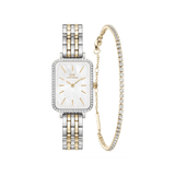 Daniel WellingtonのQuadro Two Toneスクエアウォッチと、クリスタルが連なるゴールドのClassic Tennis Braceletをセットにしたギフトアイテムです。マザーオブパールのダイヤルにクリスタルベゼル、シルバーとゴールドの5連リンクストラップが組み合わさったツートーンデザインが特徴です。