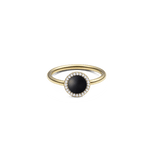 ダニエルウェリントン Audrey Ring Black Agathe Goldの正面画像。ドーム型にカットされた漆黒の黒メノウを中央に配置し、ホワイトキュービックジルコニアのヘイローが石を囲む細身のゴールドリングです。