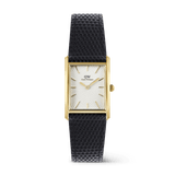 Daniel WellingtonのBound Black Lizard Guilloché Gold。ポリッシュ仕上げのゴールドケースに、ギョーシェ彫りを施したホワイト文字盤とブラックのリザード型押しレザーストラップを組み合わせた、長方形デザインの腕時計です。