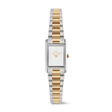 Daniel WellingtonのBound Mini 3-Link Two Tone Rose Goldです。シルバーとローズゴールドの3連リンクブレスレットが特徴の、ミニサイズのレディース腕時計。長方形のシルバーケースにホワイト文字盤、ローズゴールドの針が上品に映えます。