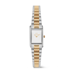 Daniel WellingtonのBound Mini 3-Link Two Tone Rose Goldです。シルバーとローズゴールドの3連リンクブレスレットが特徴の、ミニサイズのレディース腕時計。長方形のシルバーケースにホワイト文字盤、ローズゴールドの針が上品に映えます。