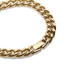 ゴールドのChunky Chain Braceletを斜め上から撮影した接写画像です。折り返し式の留め具とブランドロゴの刻印が確認でき、ポリッシュ加工されたゴールドのリンクが円を描くように連なる立体的なフォルムが特徴です。