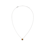 ダニエルウェリントン Audrey Necklace Tiger Eye Silverの全体像。細身のシルバーチェーンの中央に、キュービックジルコニアのヘイローで囲まれたドーム型のタイガーアイチャームが配置されています。ロブスタークラスプとブランドロゴ入りプレートも確認できます。