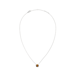 ダニエルウェリントン Audrey Necklace Tiger Eye Silverの全体像。細身のシルバーチェーンの中央に、キュービックジルコニアのヘイローで囲まれたドーム型のタイガーアイチャームが配置されています。ロブスタークラスプとブランドロゴ入りプレートも確認できます。