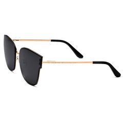 Steel Grande Rose Goldを斜め横から捉えたアングルです。テンプル部分にはDaniel Wellingtonのロゴが刻印され、ローズゴールドのフレームからブラックのテンプルチップへと続く、流れるような美しいラインがお楽しみいただけます。