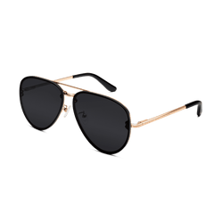 Avion Steel Rose Goldサングラスを斜め前方から撮影した商品画像です。ローズゴールドのステンレススチール製テンプルにはDaniel Wellingtonのロゴが刻印され、ブラックのテンプルチップとブラックレンズが引き締まった印象のアビエーターデザインを際立たせています。