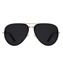 Avion Steel Rose Goldを正面から撮影した商品画像です。ブラックのフラットレンズが大きく広がるアビエーターシルエットに、ローズゴールドのトップバーとヒンジ部分がアクセントをつけています。クリアなノーズパッドは白い背景に溶け込むようにデザインされています。