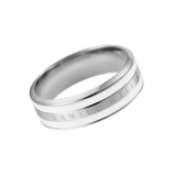 Daniel Wellington Emalie Ring Silverを斜めから撮影した画像です。ポリッシュ仕上げのシルバースチール中央にはブランド名の刻印が施され、上下にサテンホワイトのエナメルラインが対称に配されたデザインとなっています。