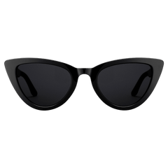 Daniel WellingtonのLynx Bio-Acetate Blackサングラスの正面画像です。目尻に向かって跳ね上がるキャットアイフレームとブラックレンズが特徴的なデザインです。