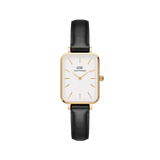Daniel Wellington Quadro Pressed Sheffield Goldの正面画像。ゴールドのスクエアケースにオフホワイトの文字盤、ゴールドのバーインデックスをあしらい、ブラックレザーストラップを組み合わせた女性向けのコンパクトな腕時計です。