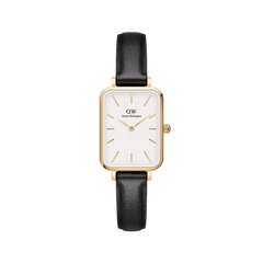 Daniel Wellington Quadro Pressed Sheffield Goldの正面画像。ゴールドのスクエアケースにオフホワイトの文字盤、ゴールドのバーインデックスをあしらい、ブラックレザーストラップを組み合わせた女性向けのコンパクトな腕時計です。