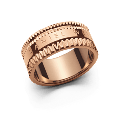 Daniel Wellington Elevation Ring Rose Goldの単体画像。上下に配されたピラミッド型のスタッズと、中央のポリッシュ加工されたバンドに刻まれたブランドロゴが特徴で、三層構造のジオメトリックなディテールが際立つリングです。