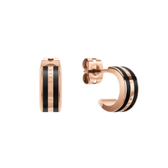 Daniel WellingtonのEmalie Earrings Rose Gold Blackを正面と側面から撮影した画像です。ローズゴールドのボディにブラックエナメルのストライプが2本あしらわれた、小ぶりで上品なフープピアスです。中央のポリッシュ加工されたバンド部分には、ブランドロゴが刻印されています。
