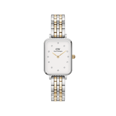 Daniel Wellington Quadro Lumine 5-Link Two-Toneのプロダクトショットです。シルバーとゴールドのコマが交互に並ぶ5連リンクブレスレットに、オフホワイトの文字盤とクリスタルインデックスが映えるレクタンギュラー型のレディースウォッチです。